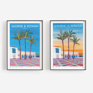 Two prints of Nerja, Spain. One at sunset and one in the daytime. Both are in black frames on a pale grey wall. 